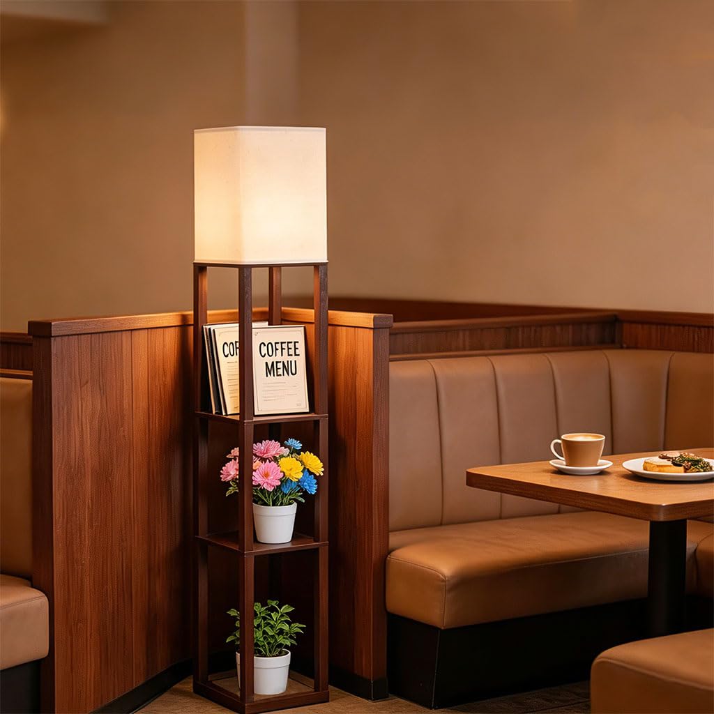 Floor Lamp with Shelves, Floor Light, Wood, Brown.
