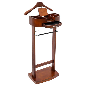 Wood Suit Valet Stand for Men, Floor Standing suit rack with Tray Drawer Practical Compartment Brown Rack Organizer