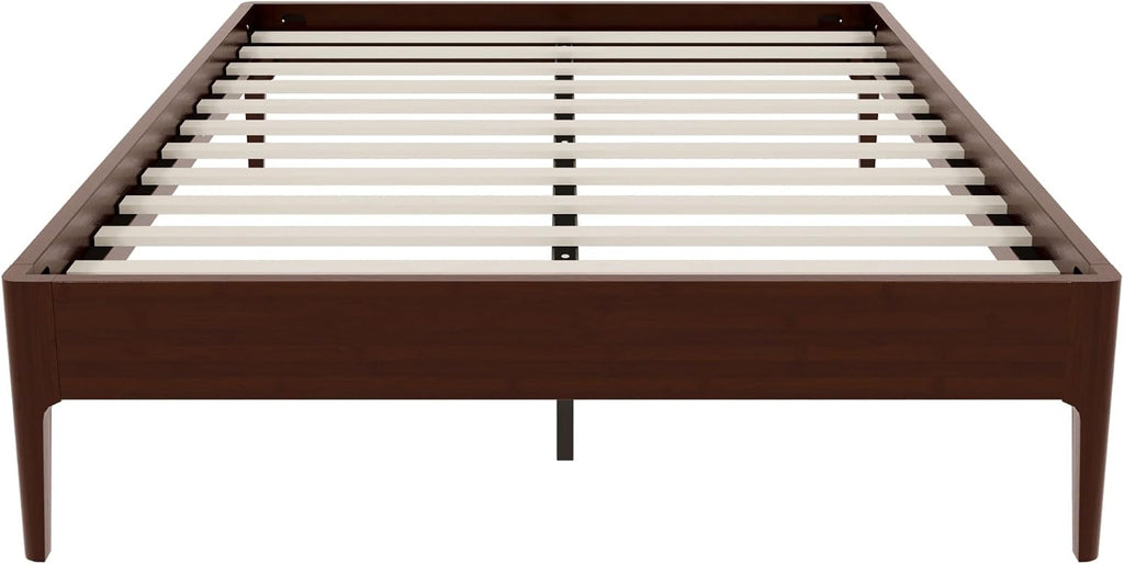 Full Size Japanese Wooden Bed Frame, Mid-Century Chocolate Wood Low Platform Bed, 9 inch Low Under Bed Storage