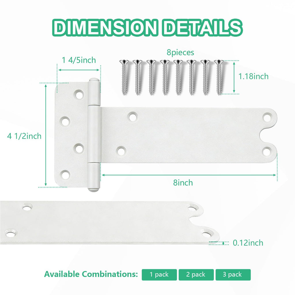 8 inch Gate Hinges, 300 Lbs Capacity, Matte White Hinges, 6 Pack Heavy Duty Door Hinge, T-Strap Shed Gate