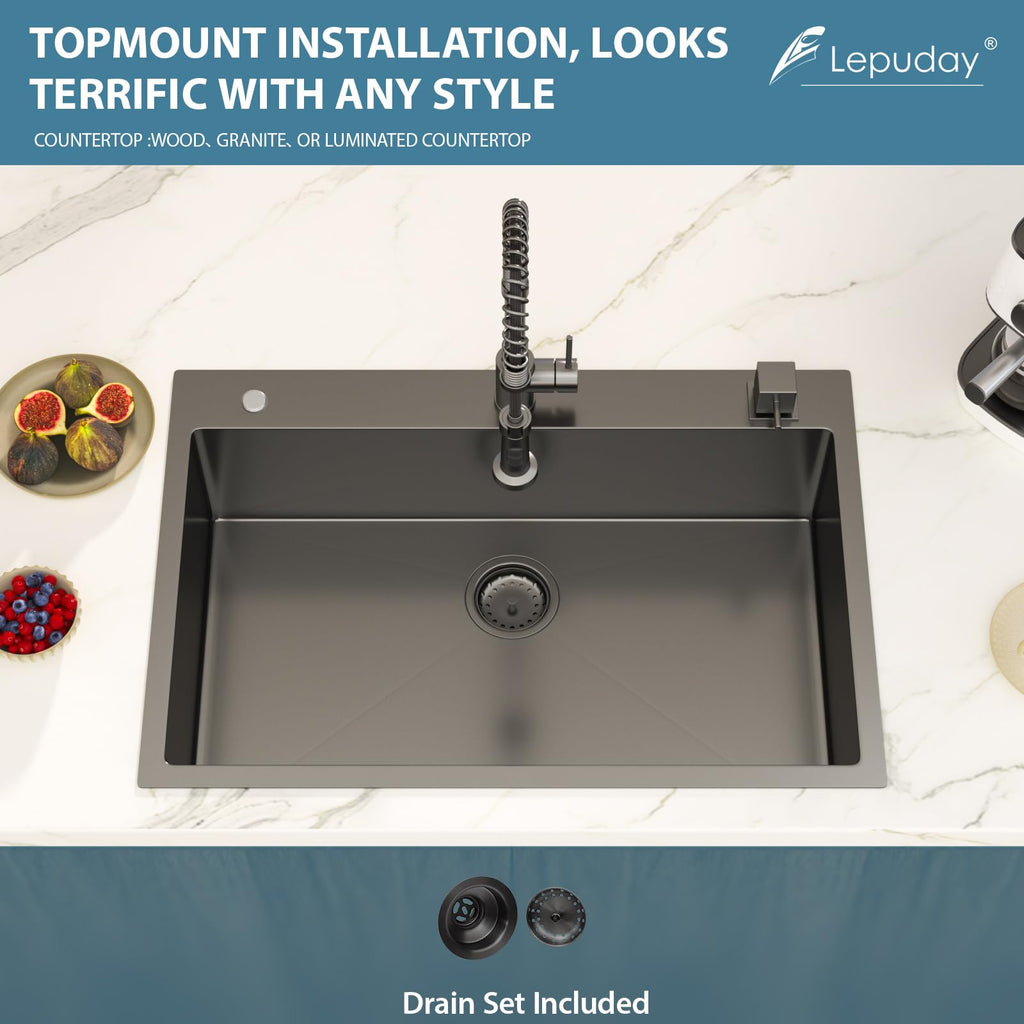 33 Inch Black Drop In Stainless Steel Sink Single Bowl