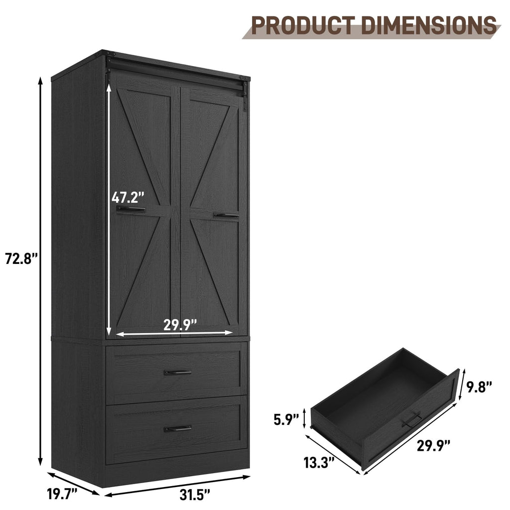2 Doors Armoire Wardrobe Closet w/ Folding Sliding Barn Door, Rustic Black
