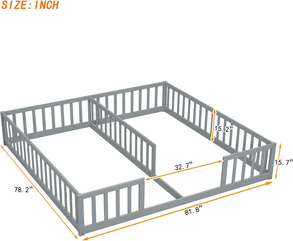 Double Bed for 2 Kids, Montessori Floor Bed for Boys and Girls Bedroom, Solid Wood Montessori Beds with