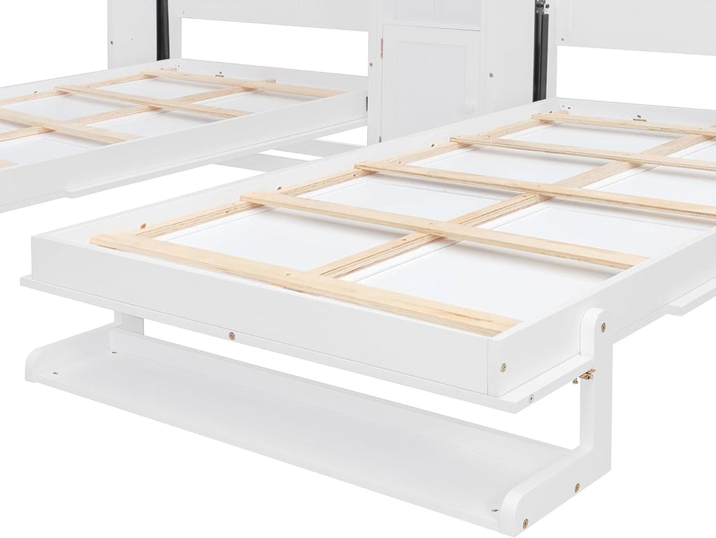 Dual Twin Murphy Bed with Cabinets and Shelves, Space Saving Wall Bed with Storage, Foldable Twin Beds with