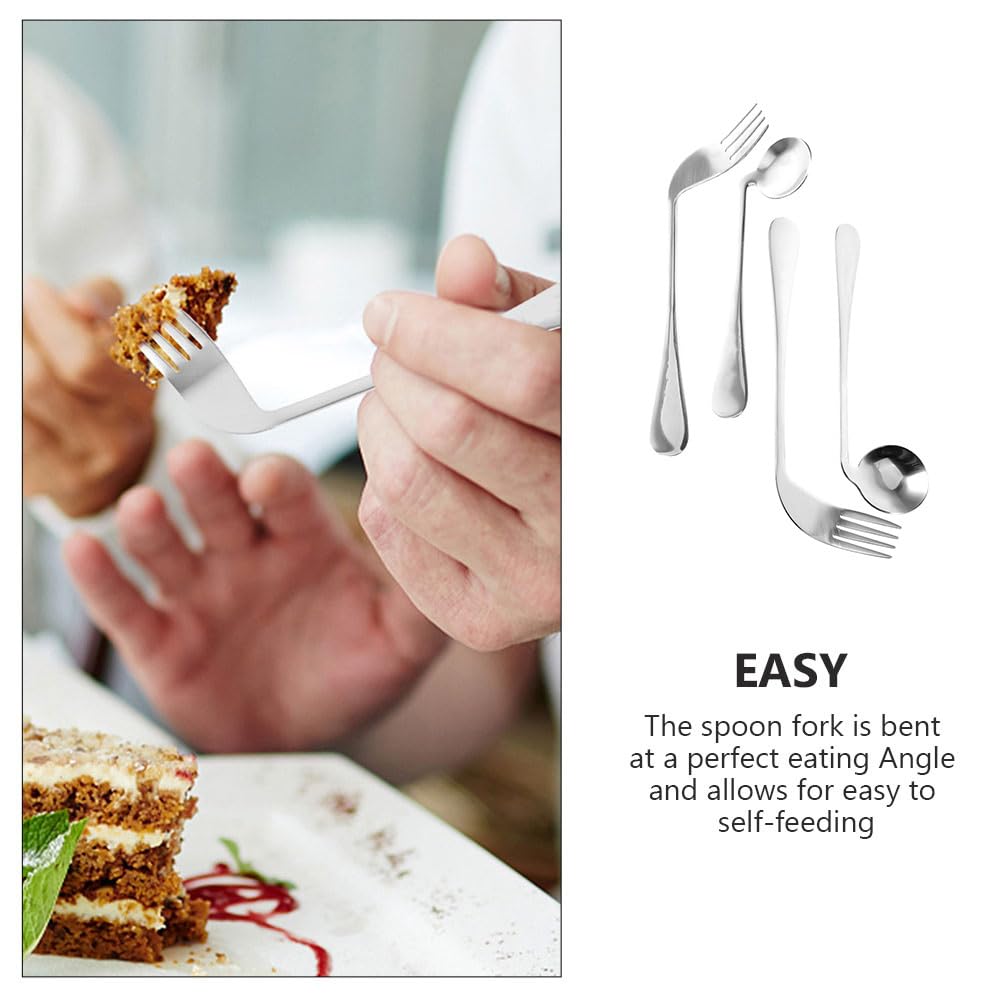 Adaptive Utensils Set for Left & Right Hand - Curved Stainless Steel Spoon and Fork for Elderly, Adults with Tremors