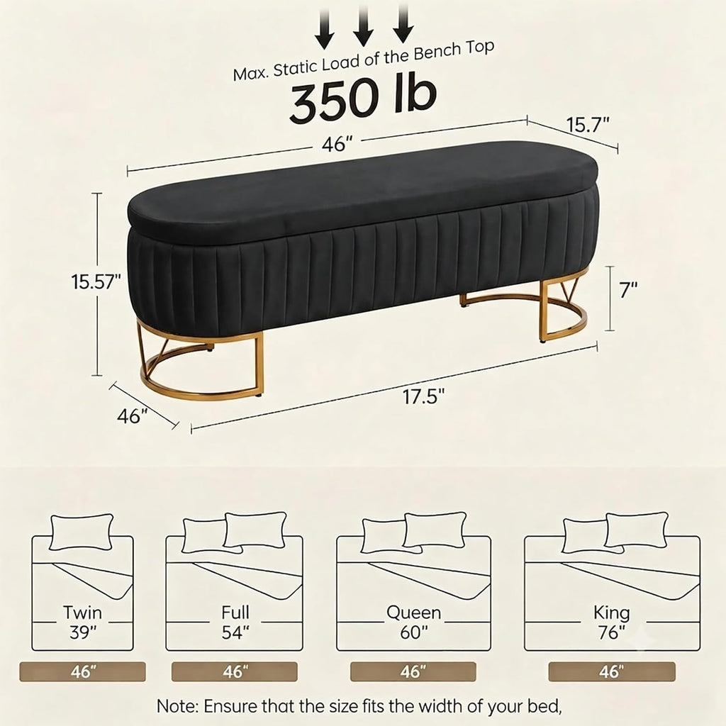 46" Storage Ottoman Bench, Velvet Oval End of Bed Bench Black | Easy 1-Min Assembly, High-Resilience Foam, Large