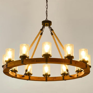 Rustic 12 Light Wagon Wheel Chandelier, Round Wood Pendant Light with Seeded Glass Shade, Farmhouse Chandeliers for Dining Room Kitchen Island Foyer Entryway A105-B0F2SQPLWT