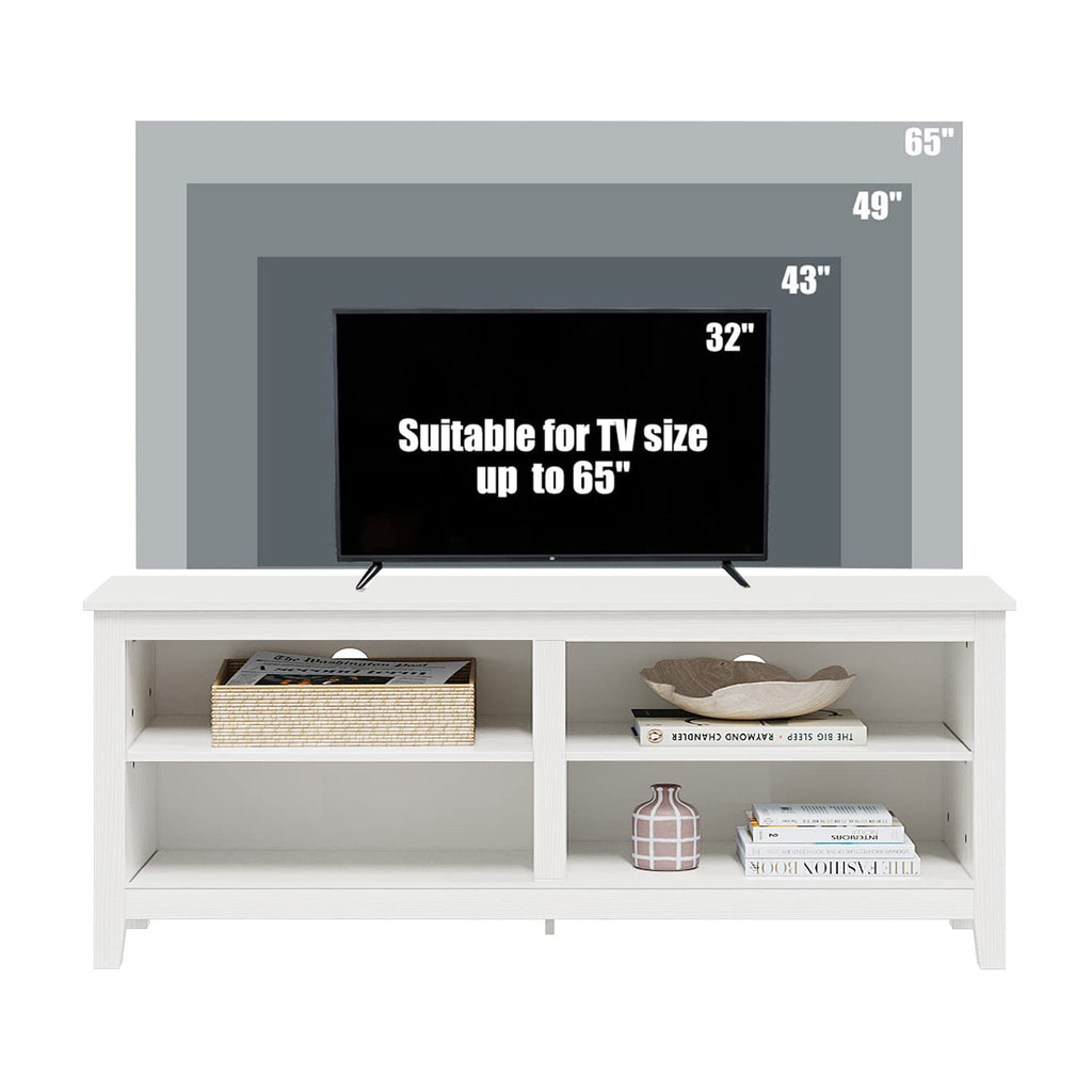 Modern TV Stand for 65 inch TV, White Wood TV Cabinet with 4 Open Storage Shelves, Fits 50-65 Inch TVs, 55 Inches W x