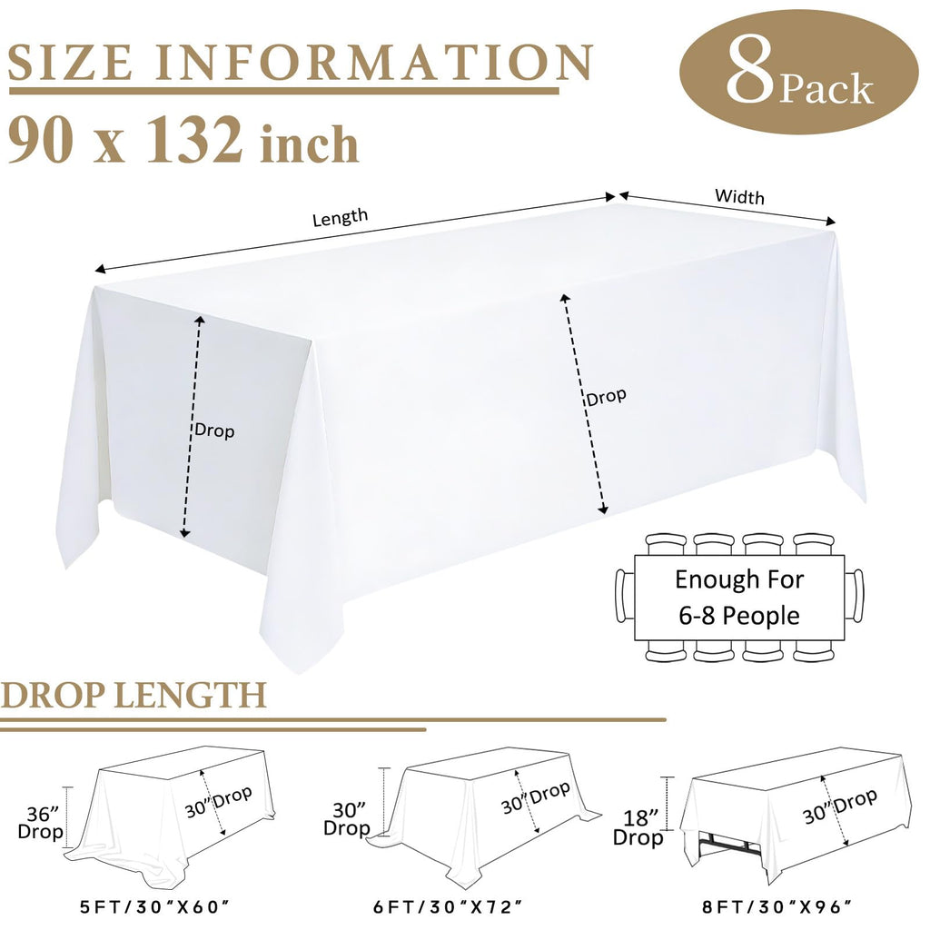 White Rectangle Table Cloth 90 x 132 Inch, 8 Pack