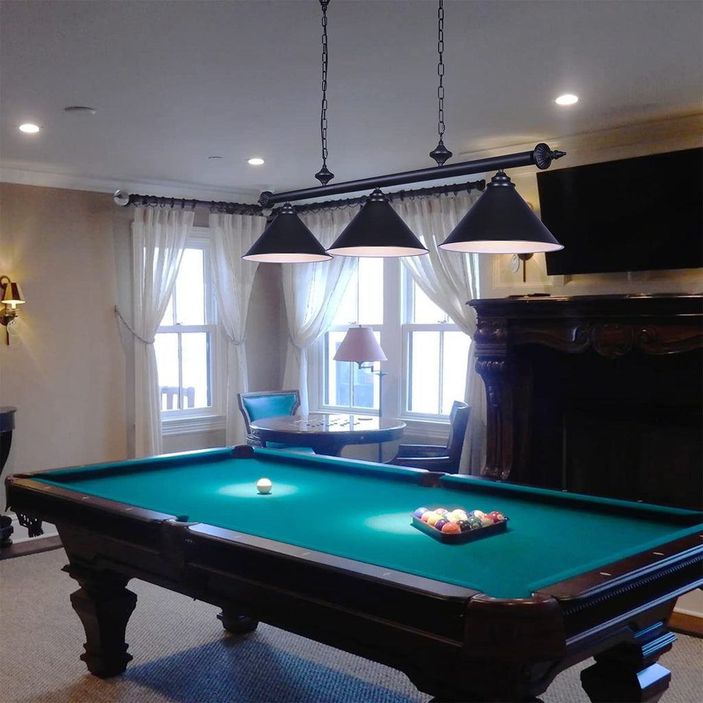 59in Billiard Pool Table Light with Pull Chain Switch on Pendant Light Fixture 3 Lights with Matte Black Shade