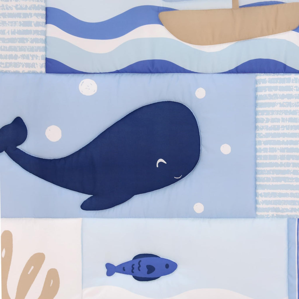 3 Piece Nautical Patch Baby Crib Bedding Set Boy, Baby Blanket Quilt, Fitted Crib Sheets for Boys, Navy & Blue