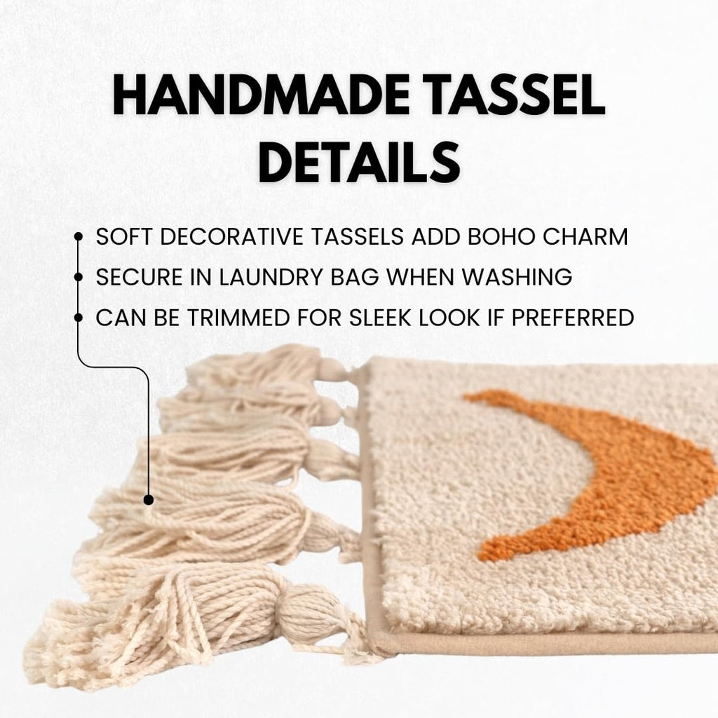 Moon Phase Boho Bathroom Runner - Soft Washable Bath Mat with Tassels - Non-Slip Microfiber - Orange Beige - 20x58 in