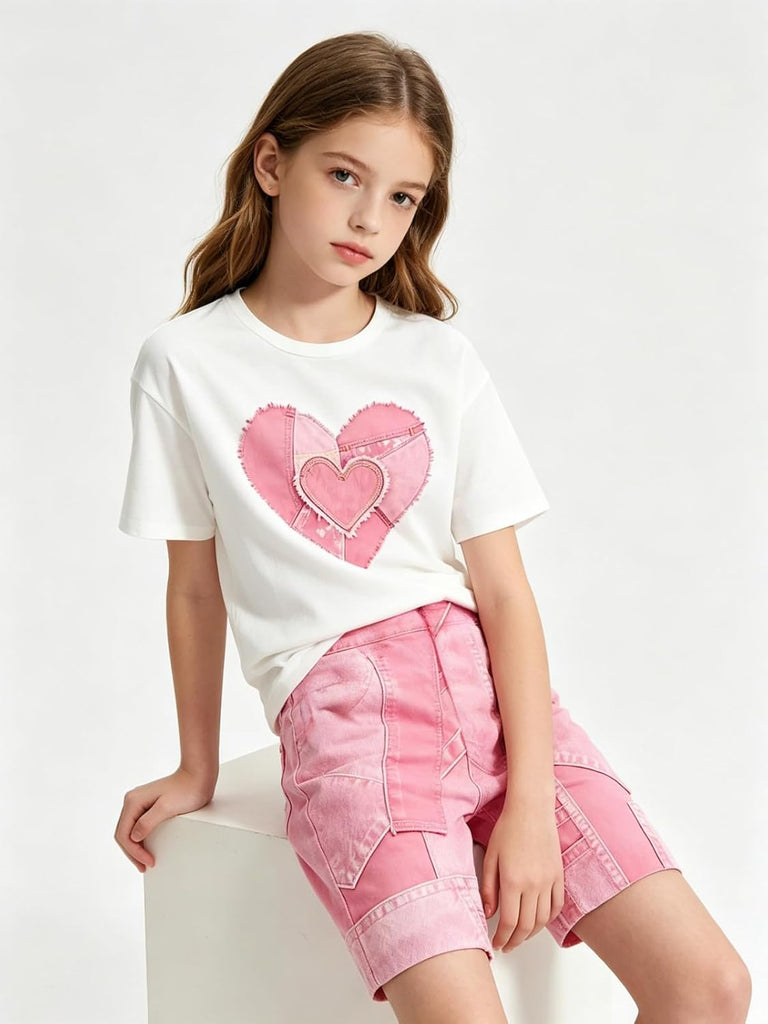 Girls 2 Piece Summer Heart Print Short Set Teen Girl Outfits Girls Clothing Set