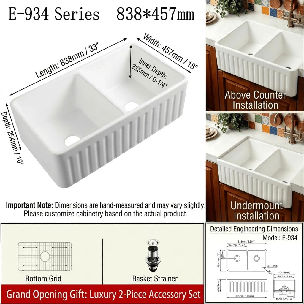 33-inch White Single Bowl Farmhouse Kitchen Sink Countertop with Vertical Double Bowl - Includes Drain and Drain Rack