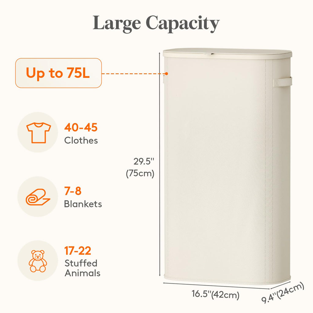 Slim Laundry Basket with Lid and Removable Bag, 75L, White