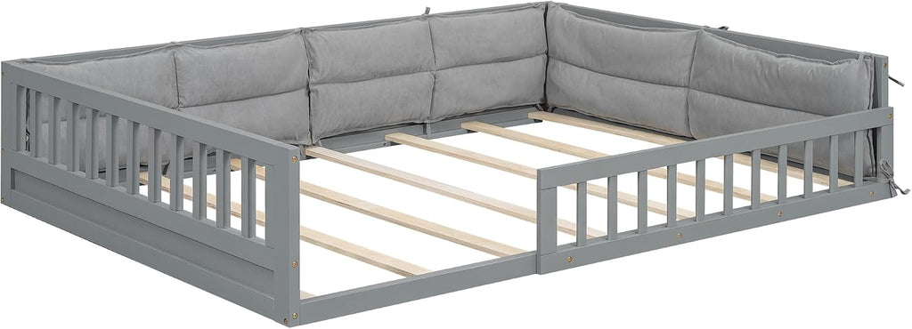 Floor Bed with Fence and Pillow, Kids Montessori Bed with Safety Guardrails, Solid Wood Playhouse Bed Frame