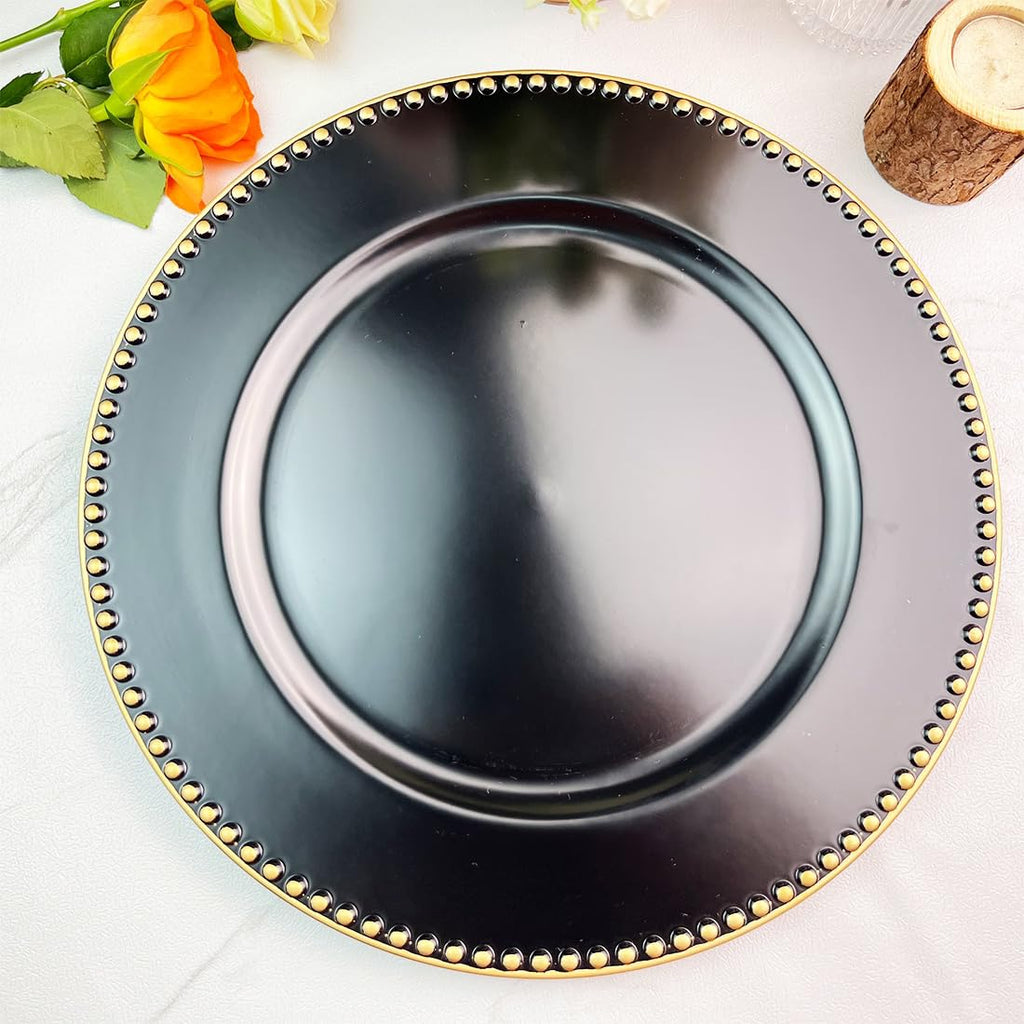 Black Charger Plates with Beaded Rim, 13" Round Charger for Dinner Plates, Set of 6 Plastic Plate Chargers for