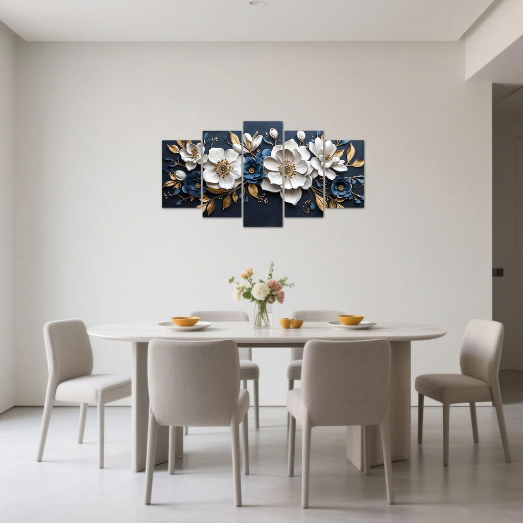 Luxury White and Gold Floral 3D Wall Art 5 Pieces Flower Picture Canvas Prints Abstract Elegant White Floral Painting