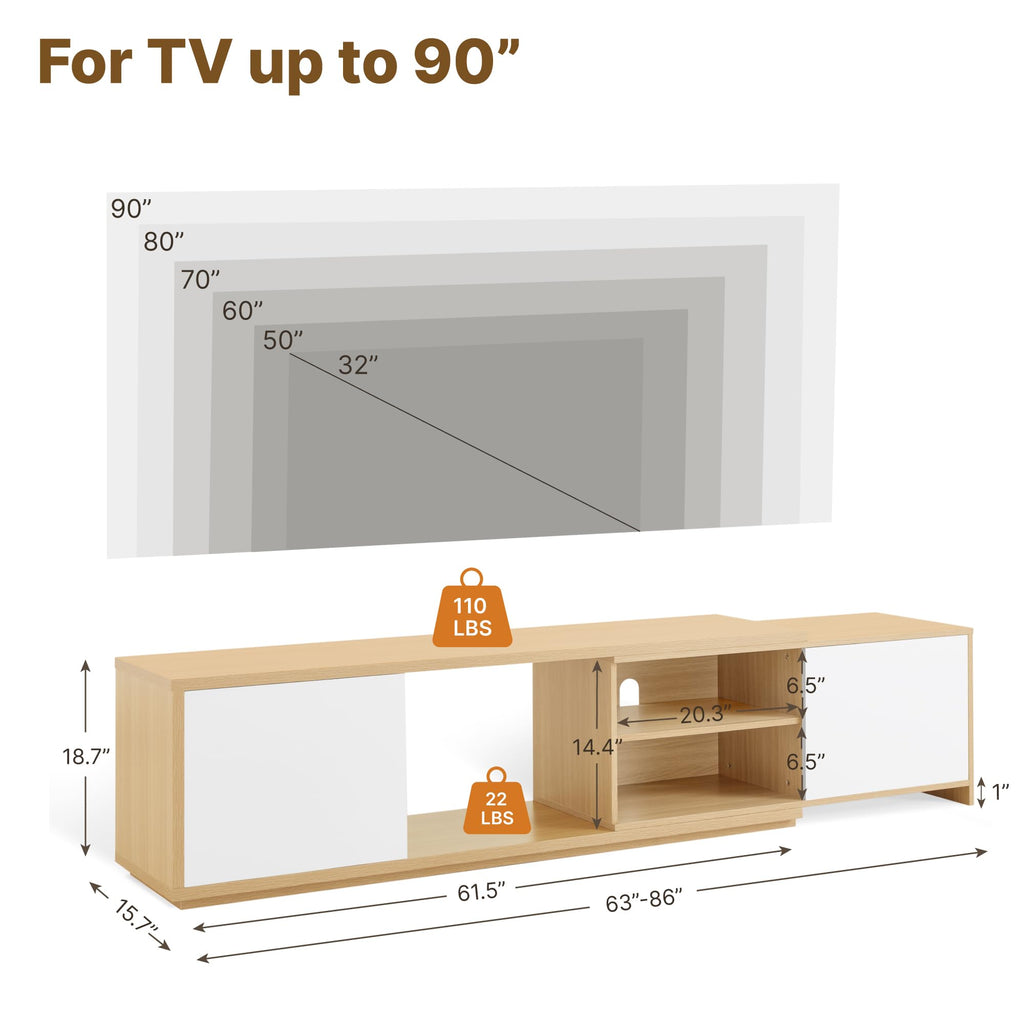 Extendable TV Stand for TVs up to 90", Modern Entertainment Center with Adjustable Shelf, Television Stand with 2