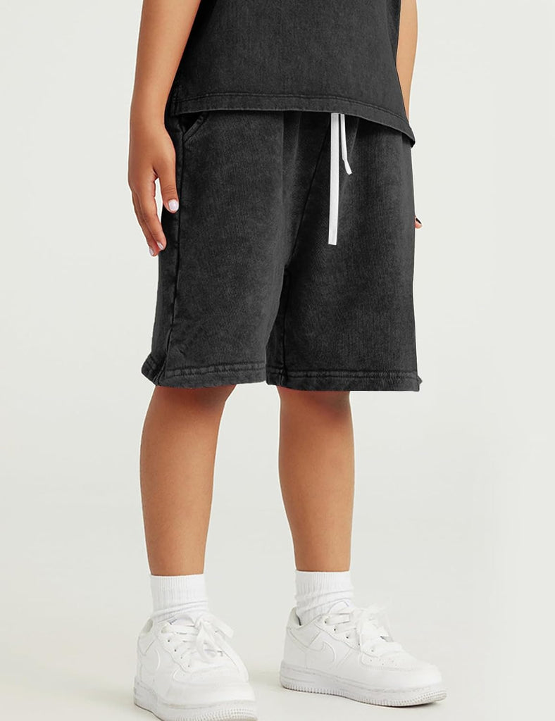 Boys Shorts Cotton Acid Washed Summer Athletic Jogger Shorts Unisex Kids Casual Loose Active Shorts with Pockets