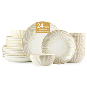 24-Piece Stoneware Dinnerware Set, Beige Reactive Glaze for 8