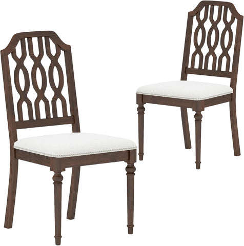 Farmhouse Dining Chairs Set of 2, Vintage Wooden Dining Room Chairs with Lattice Back, Turned Legs and Upholstered Seat with Nailhead Trim, Walnut Brown