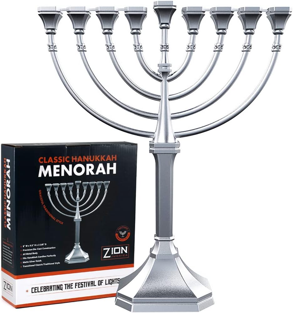 Traditional Classic Hanukkah - 9.5" Tall Graceful Style Candle Minorah Precision Die Cast Non Tarnish (Satin Silver)