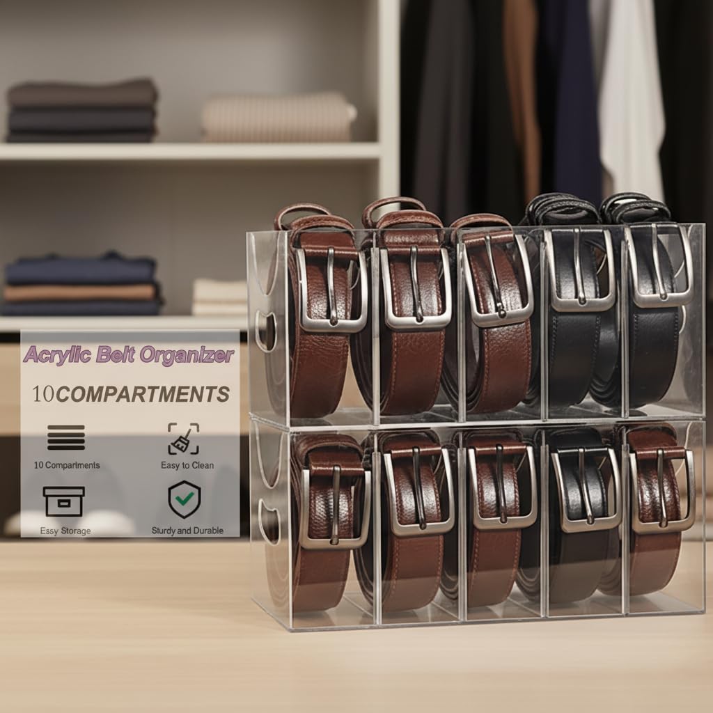 Belt Organizer,Acrylic Belt Organizer for Closet with Removable Dividers 5 Compartments & Handles Drawer organization