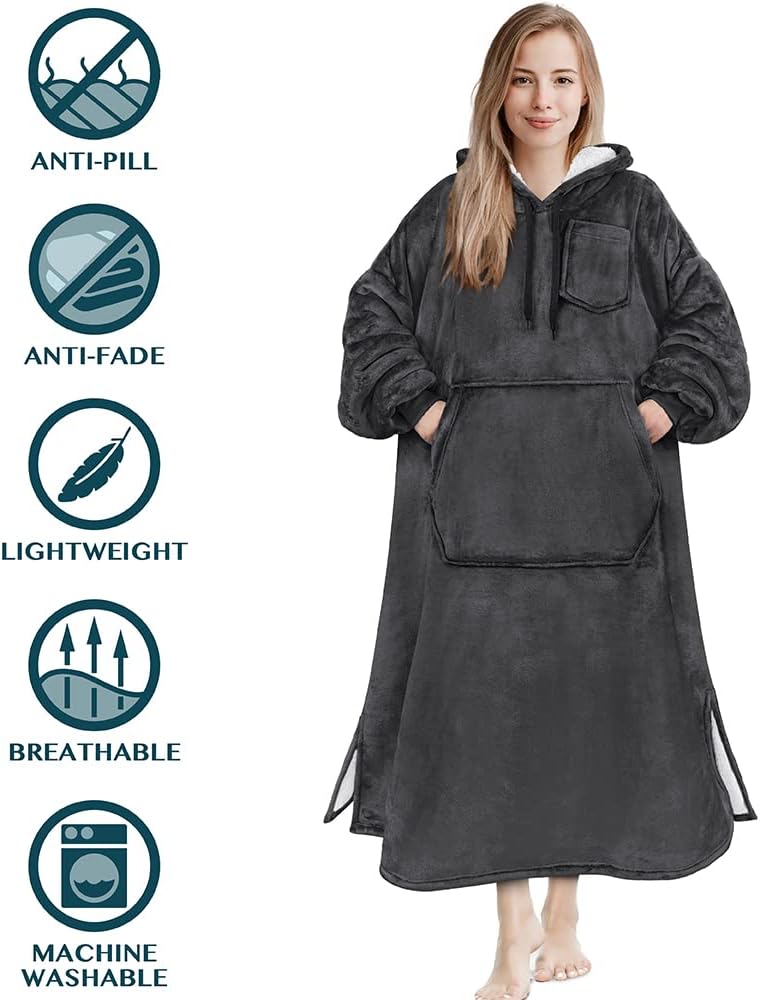 Blanket Hoodie for Women Grey, Sherpa Wearable Blanket Men, Cozy Oversized Sweatshirt Blanket, Warm Fleece Hooded