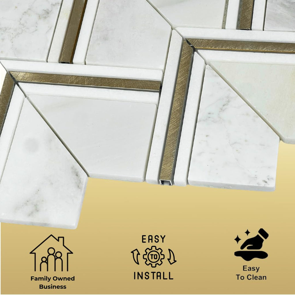 HTC165 Diaspore 10x14 Marble & Brass Mosaic Tile - Waterjet Cut Calacatta Carrara Mix with Gold Metal, Mesh-Mounted