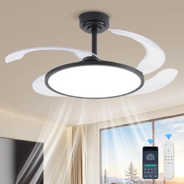 48'' Retractable Ceiling Fan with Remote Control,Bladeless Ceiling Fan with LED Lights,Stepless Full