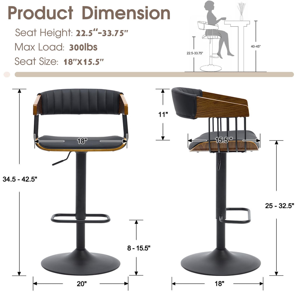 Swivel Adjustable Bar Stools Set of 2, Mid-Century Modern Counter Stools Bar Chairs with Barrel Walnut Back and Arms