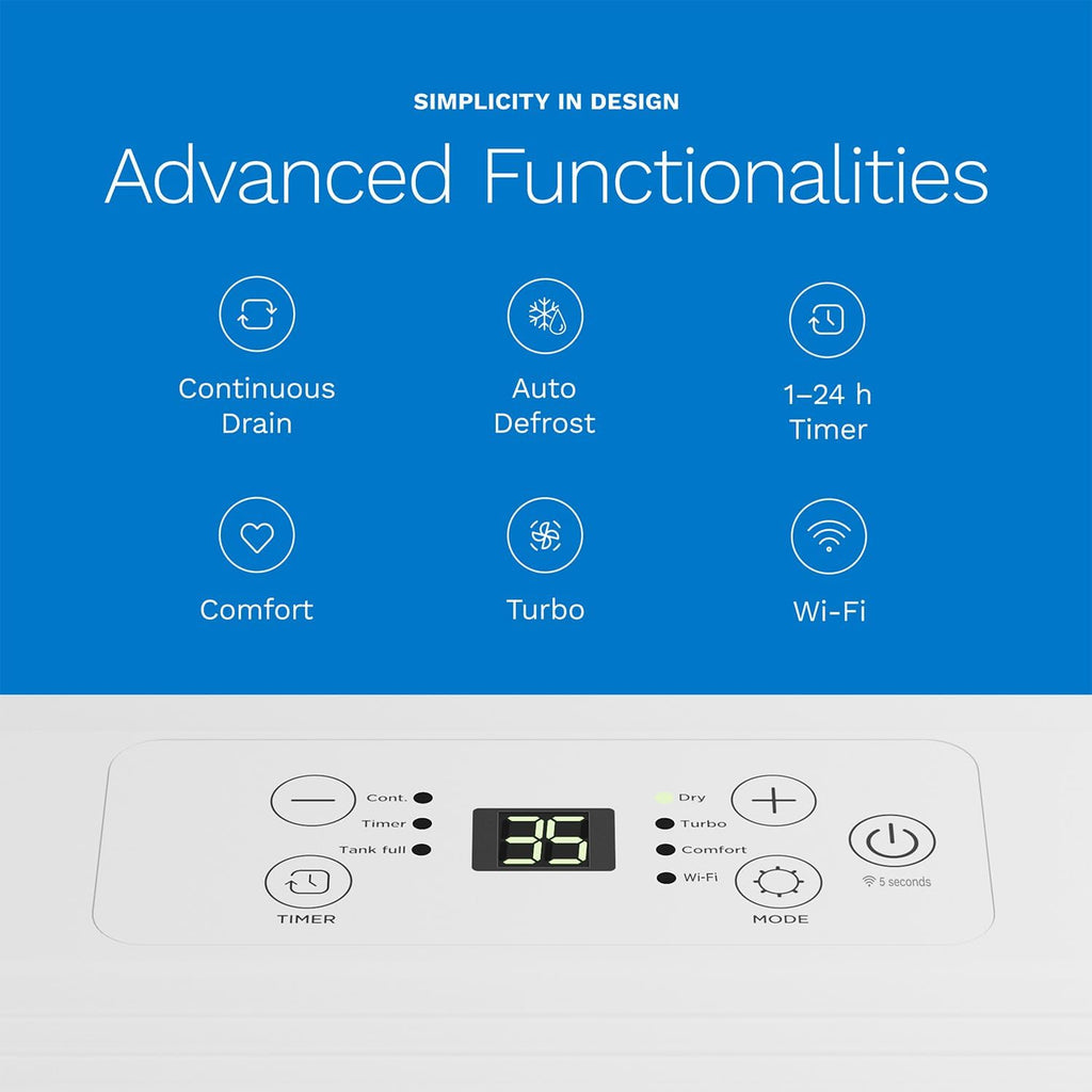 Dehumidifier 1,800 Sq Ft Wi-Fi (8 Pint MAX 24 Pint at 95°F, 90% RH) for Advanced Humidity & Moisture Control, Quiet