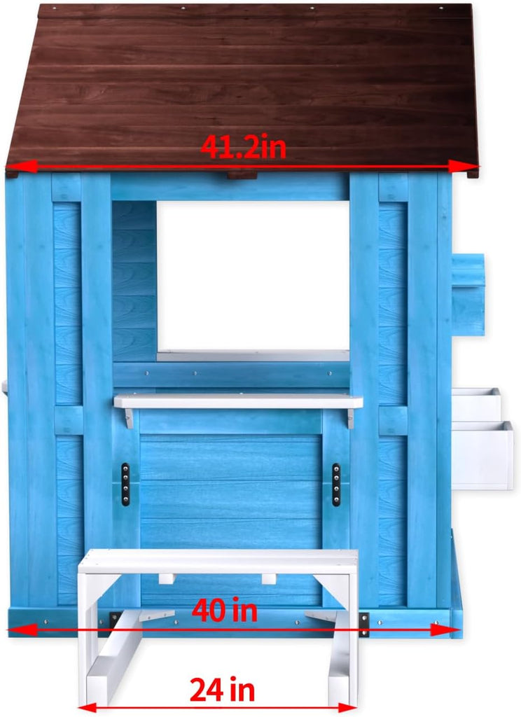 Playhouse foe 3-6 Ages Boys Girls, Wooden Playhouse with Bench Fence Windows Flowerpot Holders & Snack Window, Solid