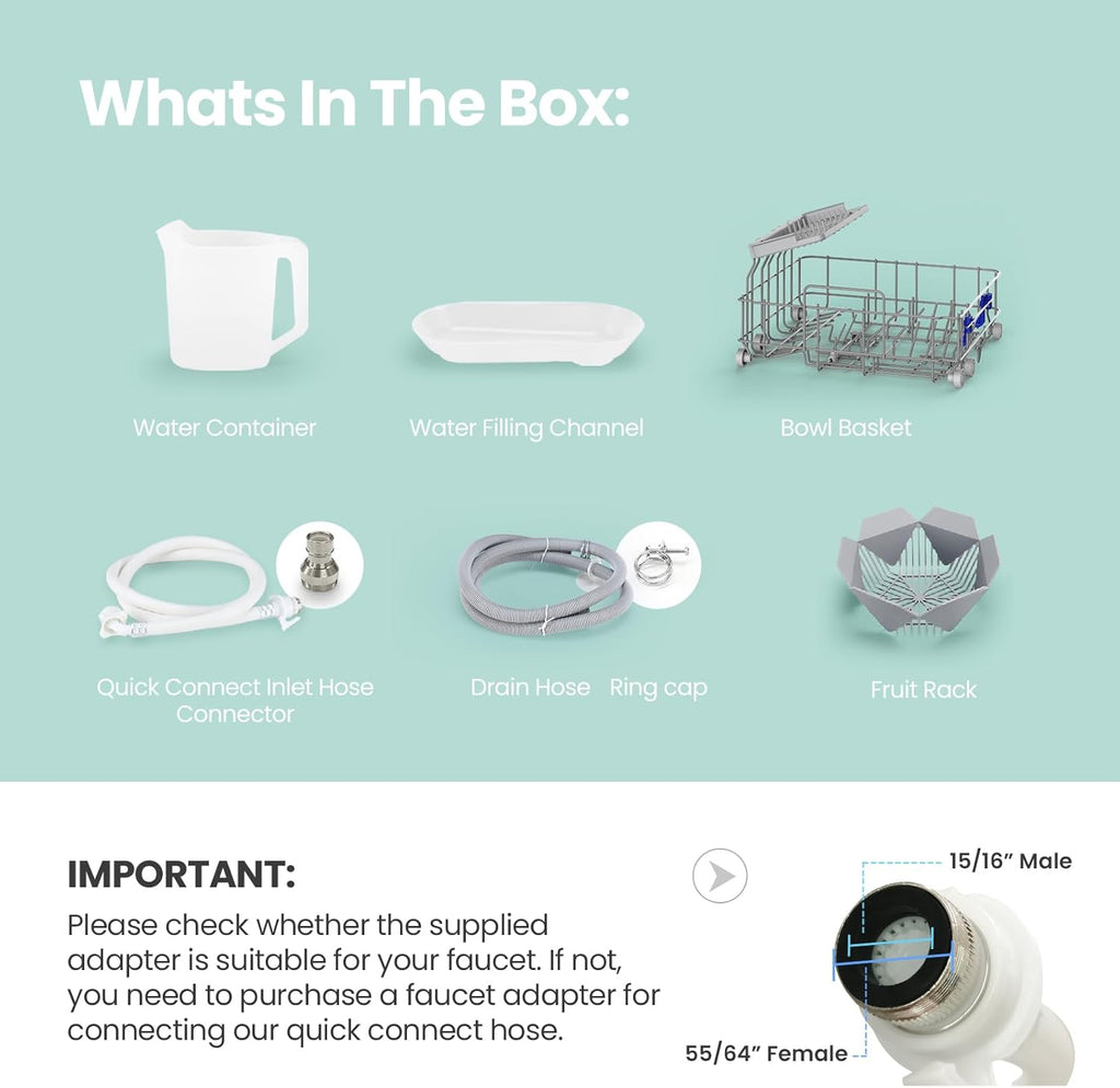 Portable Dishwasher Countertop with 5L Built-in Water Tank, No Hookup Needed, 6 Programs, 360° Dual Spray