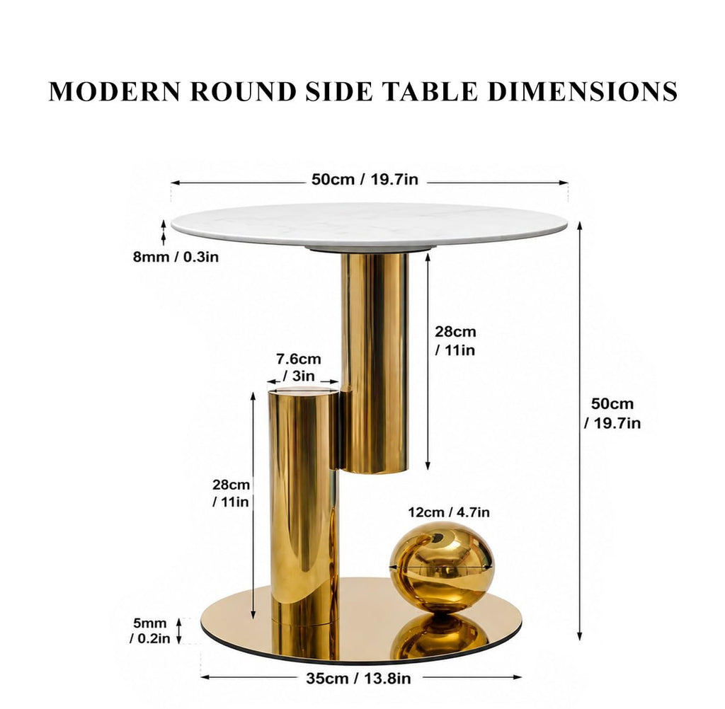White Gold Round Side Table, 19.7" Faux Marble Sofa End Table, Modern Nightstand, Small Accent Table with Stainless