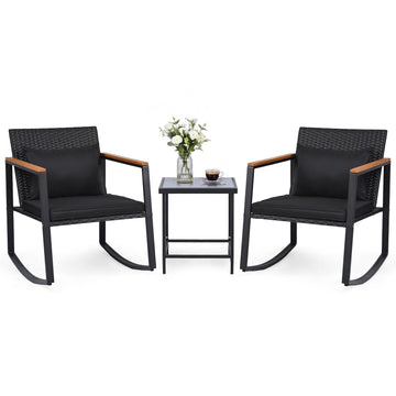 3-Piece Outdoor Rocking Chair Set, Black Cushion & Natural Armrest