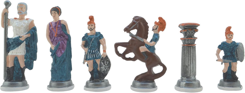 Metal Chess Set,Historical Rome Figures,Handmade Painted Chess Pieces with Marble or Mosaic Design Wooden Chess Board - Set of 32