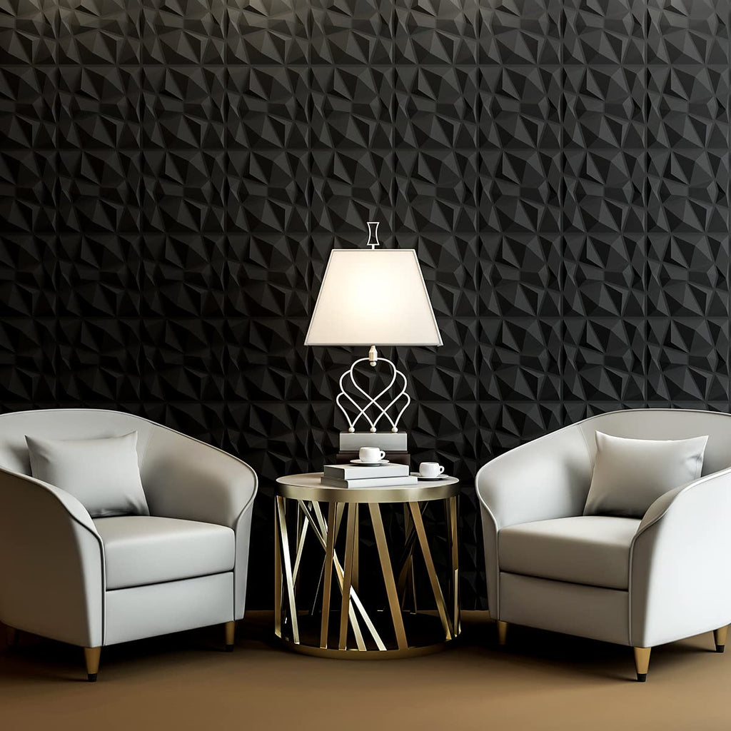 Decorative 3D Wall Panels in Diamond Design, 12"x12" Matt Black Decor (33 Pack)