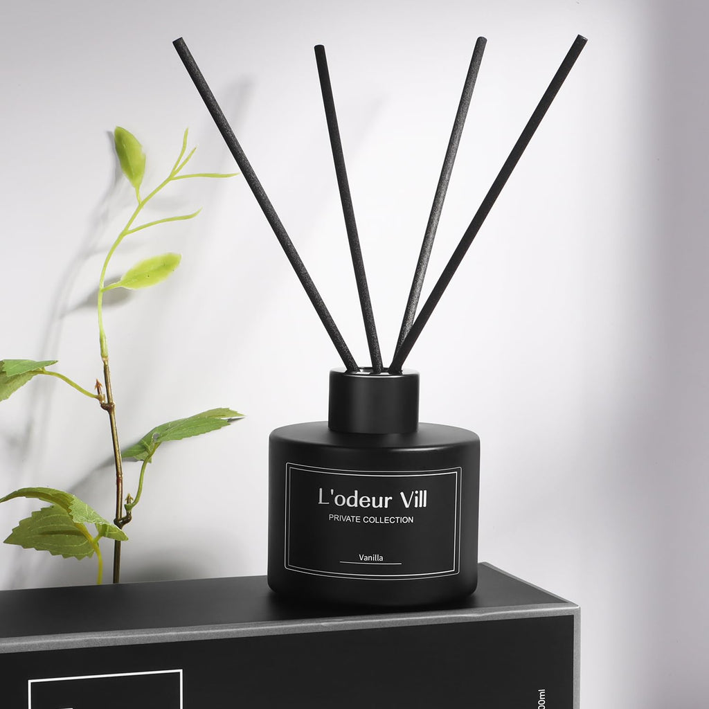 Vill Reed Diffuser, 3.4oz(100ml) Vanilla Reed Diffuser Set with 6 Oil Diffuser Sticks, Matte Black Aroma Scent