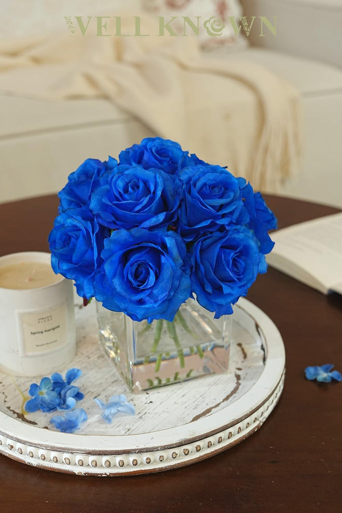 Artificial Royal Blue Rose Flowers in Cube Vase with Faux Water