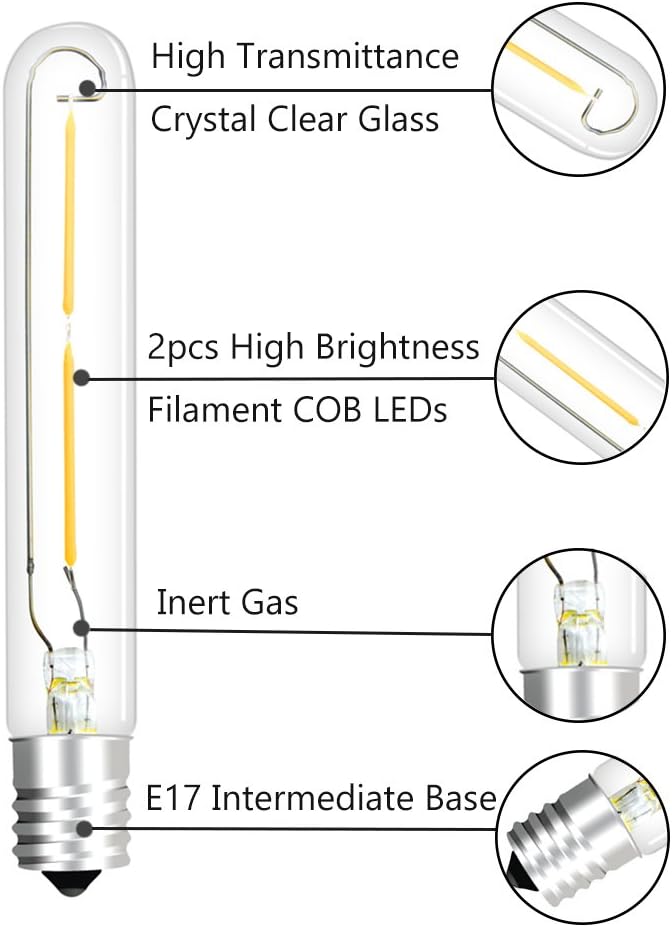LED T6.5 Tubular Filament Bulb, 2W T6.5 LED Appliance Light Bulb E17 Intermediate Base, 20W Incandescent Equivalent