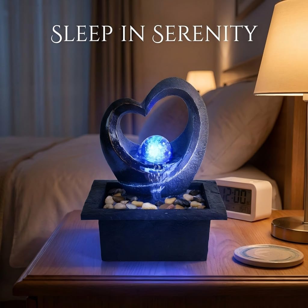 Tabletop Water Fountain, Zen Meditation Indoor Waterfall Fountain, Heart Shape Decoration with LED Light Bedroom