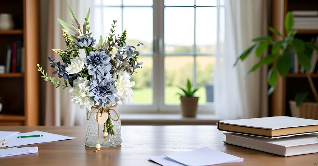 Artificial Flowers with Vase, Faux Dahlia Flower Arrangement in Glass Vase, Blue and White Silk Flowers