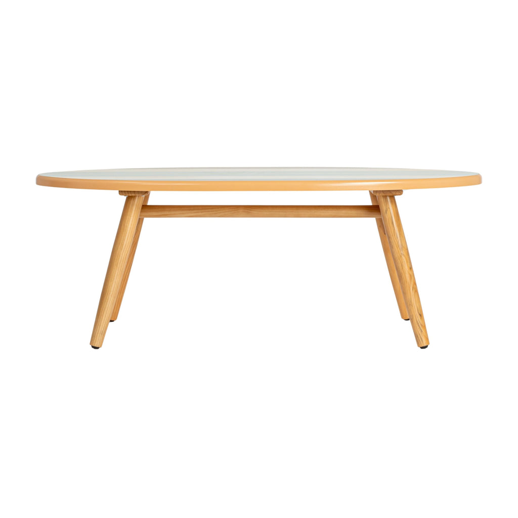 Coastal Decorative Surfboard Coffee Table, Stripe Overlaid On Natural Wood