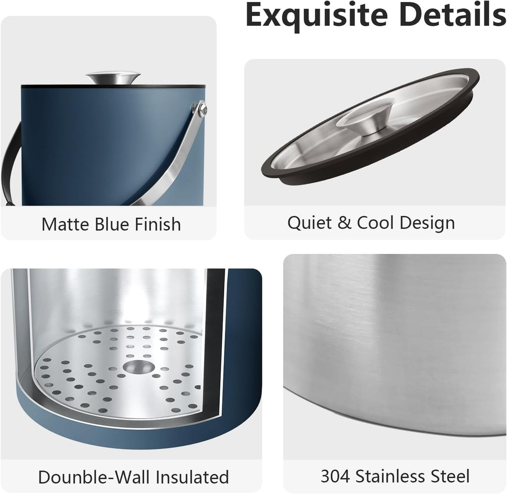 3L Ice Bucket with Silicone Lid, Scoop, Tongs & Strainer, Stainless Steel Double Wall Insulated Ice Buckets