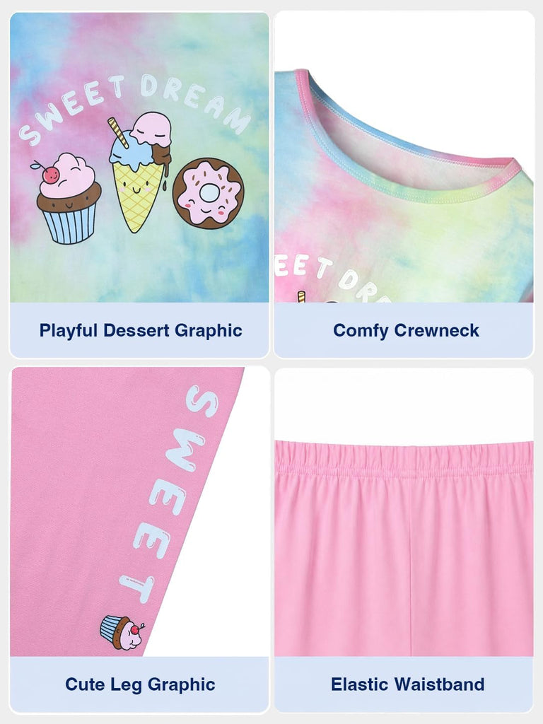 Girls' 100% Cotton Pajama Set, Tie-Dye with Various Prints