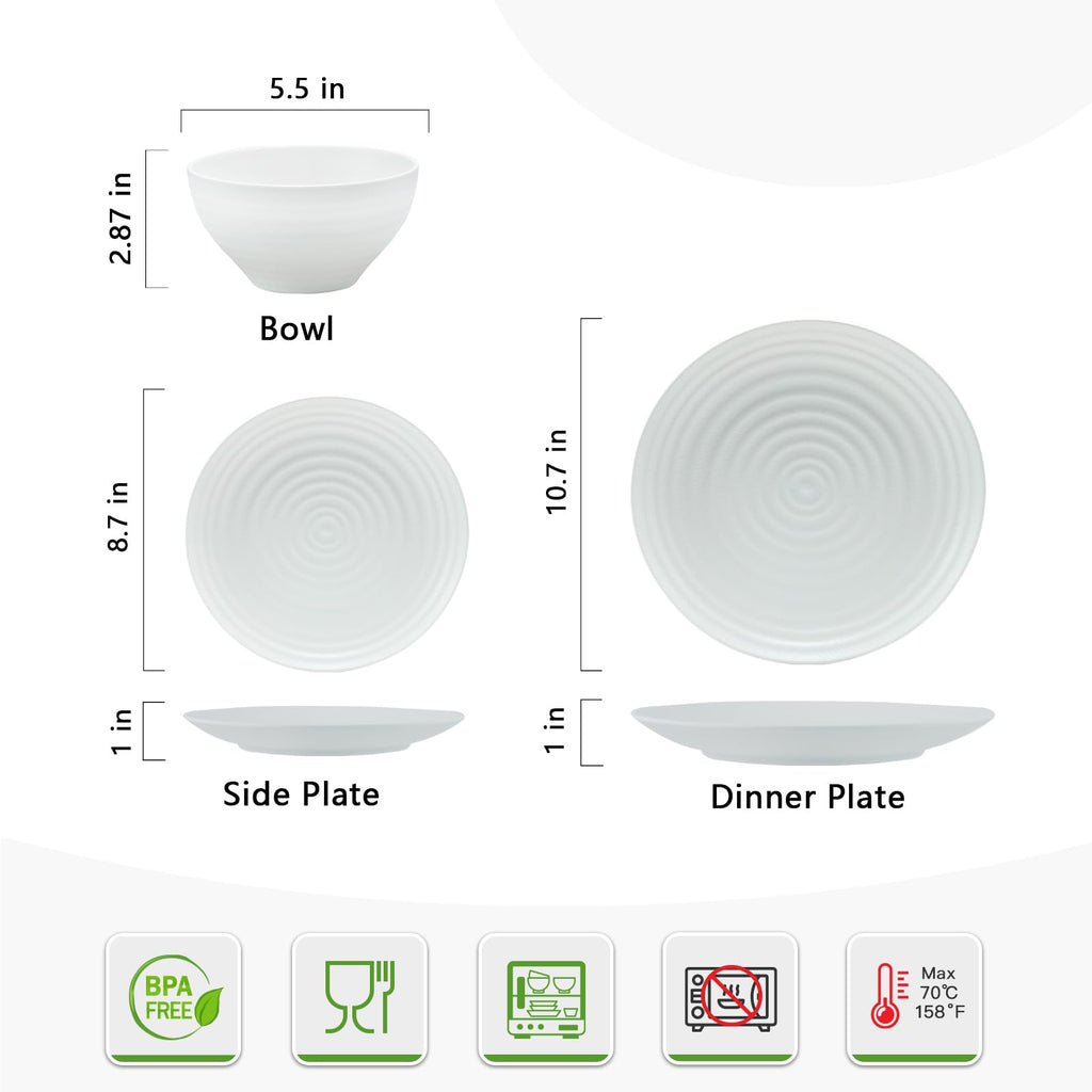Melamine Dinnerware Sets for 4, 12PCs Anti-scratch Dishes Set, Classic White