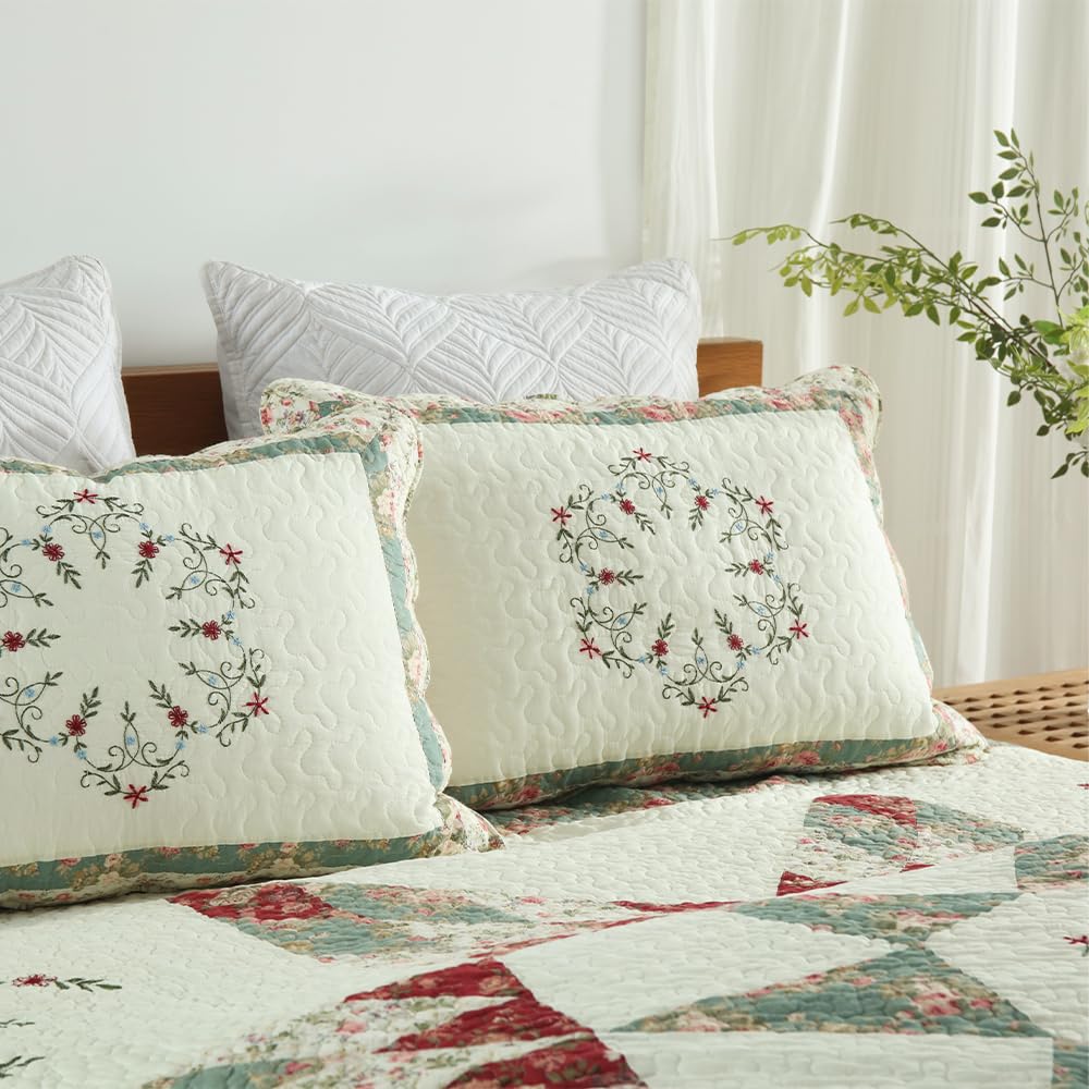 Cotton Bedspread Quilt Bedding Sets, 3 Pieces Reversible Coverlets Comforters Star with Green Floral Real Patchwork