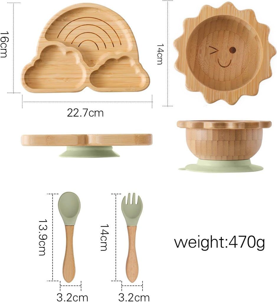 Bamboo Suction Plates Bowls Set for Baby Toddler Divided Platter Food bowl with Silicone Fork & Spoon All-Natural